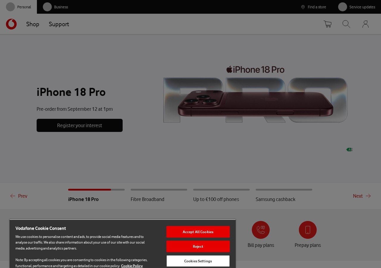 Screenshot of vodafone.ie captured during the latest DarkOra website safety scan