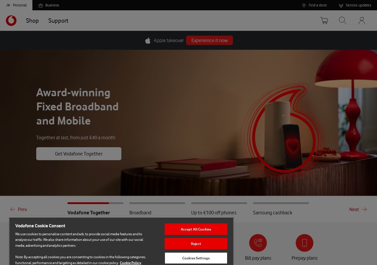 Screenshot of vodafone.ie captured during the latest DarkOra website safety scan